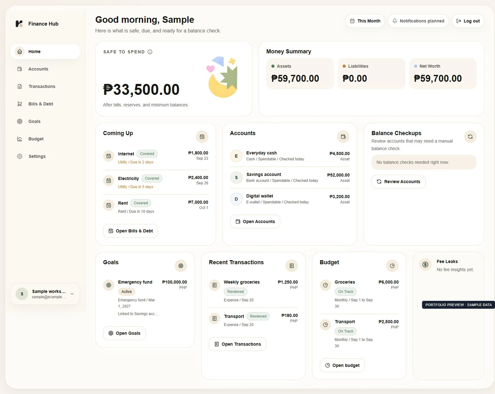 FinanceHub dashboard with illustrative account balances, upcoming bills, savings goals, recent transactions, and budget records