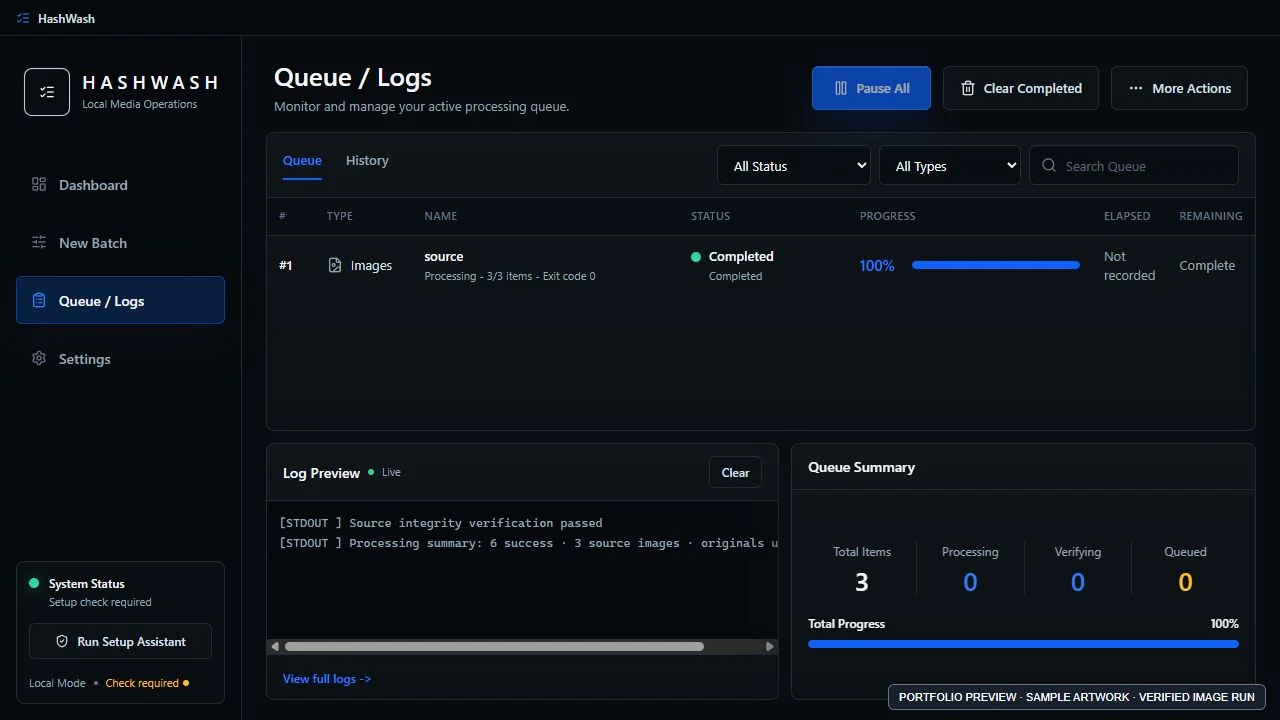 HashWash Queue and Logs interface showing a completed three-image batch and a verified six-export result from sample artwork