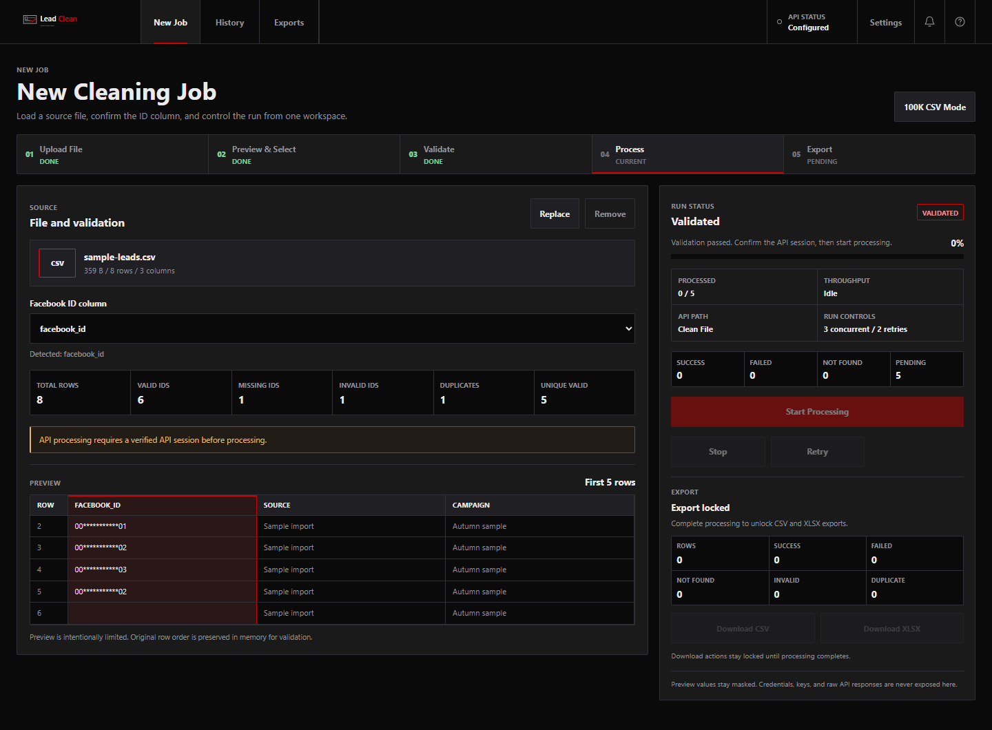 LeadClean validating a synthetic CSV: column mapping, duplicate and missing ID checks, masked preview, and processing controls