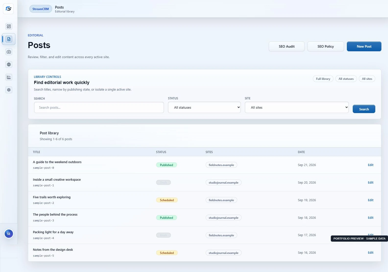 StreamCRM editorial workspace showing fictional posts, publishing statuses, site filters, and edit actions